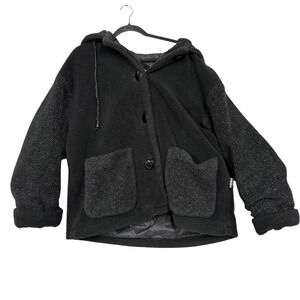 Izzi Jacket Womens Medium Black Hooded Fleece Lined‎ Button Front Pockets Coat